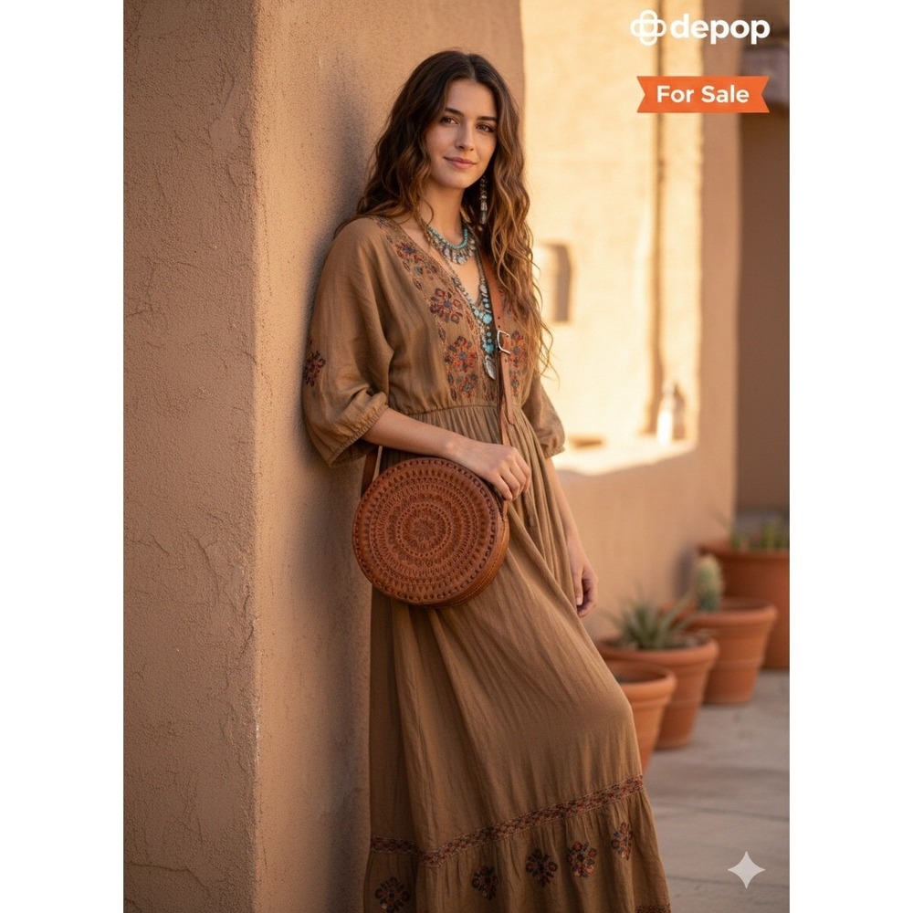 Hand Tooled Leather Round Crossbody Bag Tan Floral Mandala Canteen Boho Purse‎